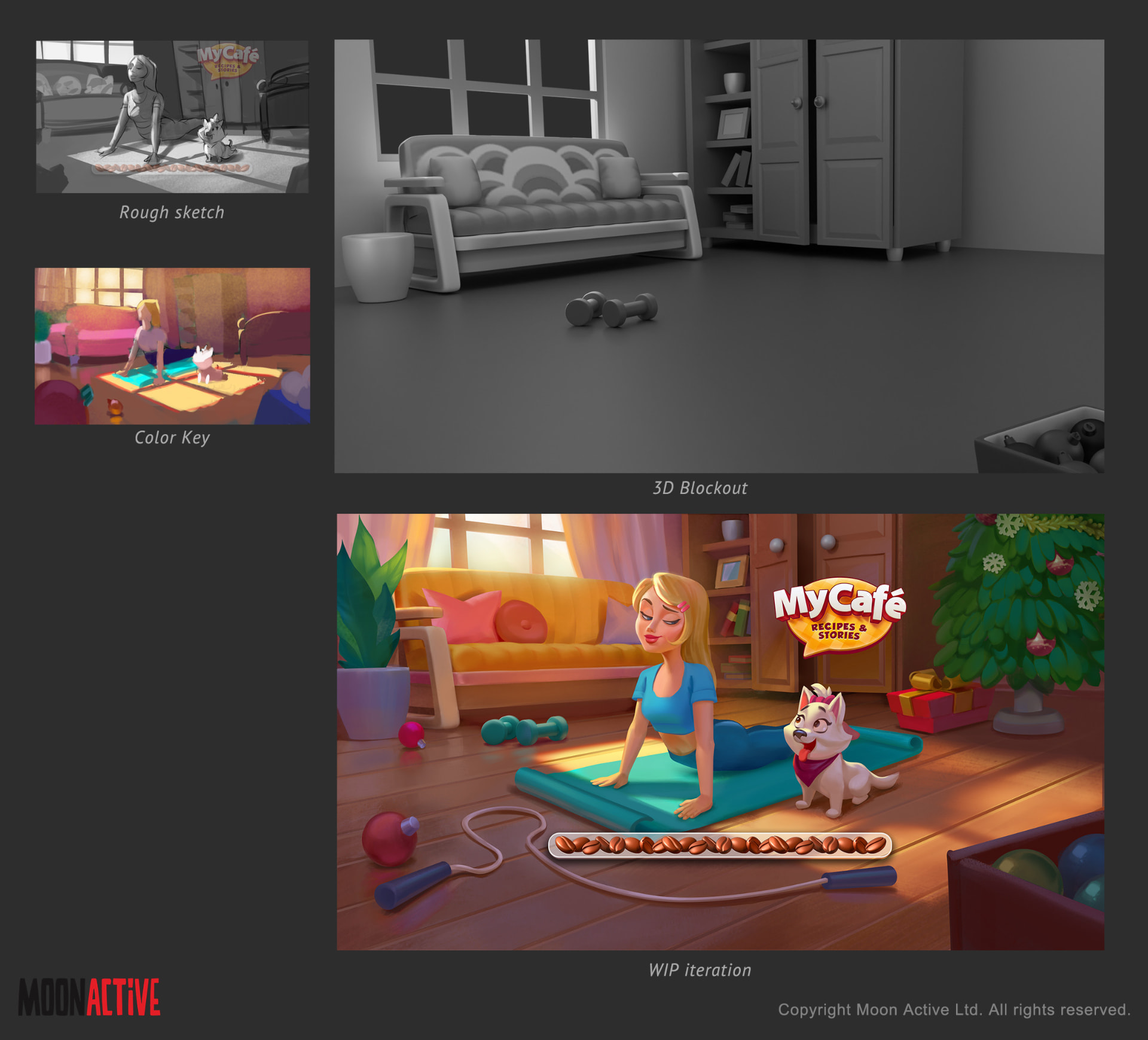 Rough sketch, color key, 3D blockout, WIP iteration