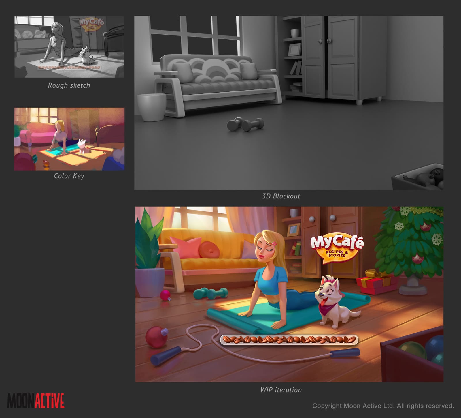 Rough sketch, color key, 3D blockout, WIP iteration