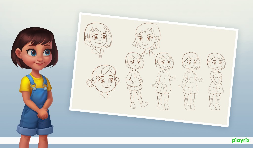 Girl in overalls — sketches and final render